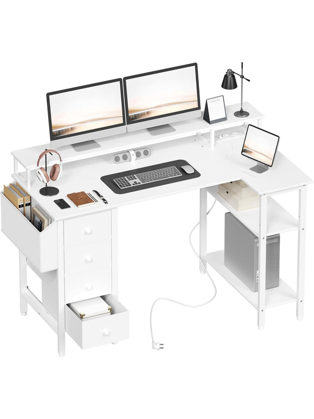 Mesa Esquinera en L con Cuatro Cajones, Tomas USB y Estante para Monitor