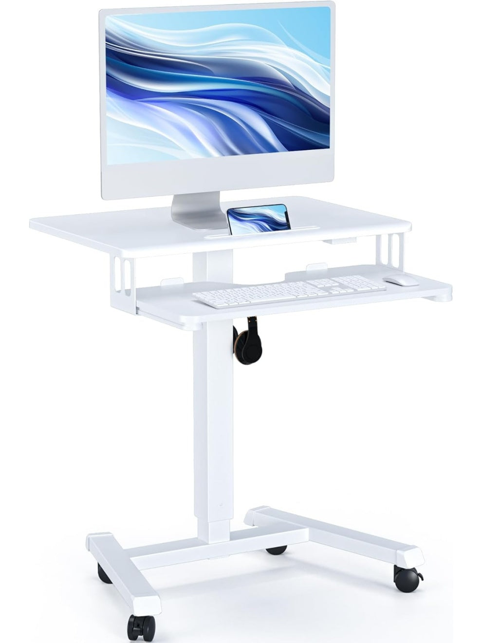 Estacion de trabajo movil de dos niveles con ruedas y altura ajustable para ordenador portatil