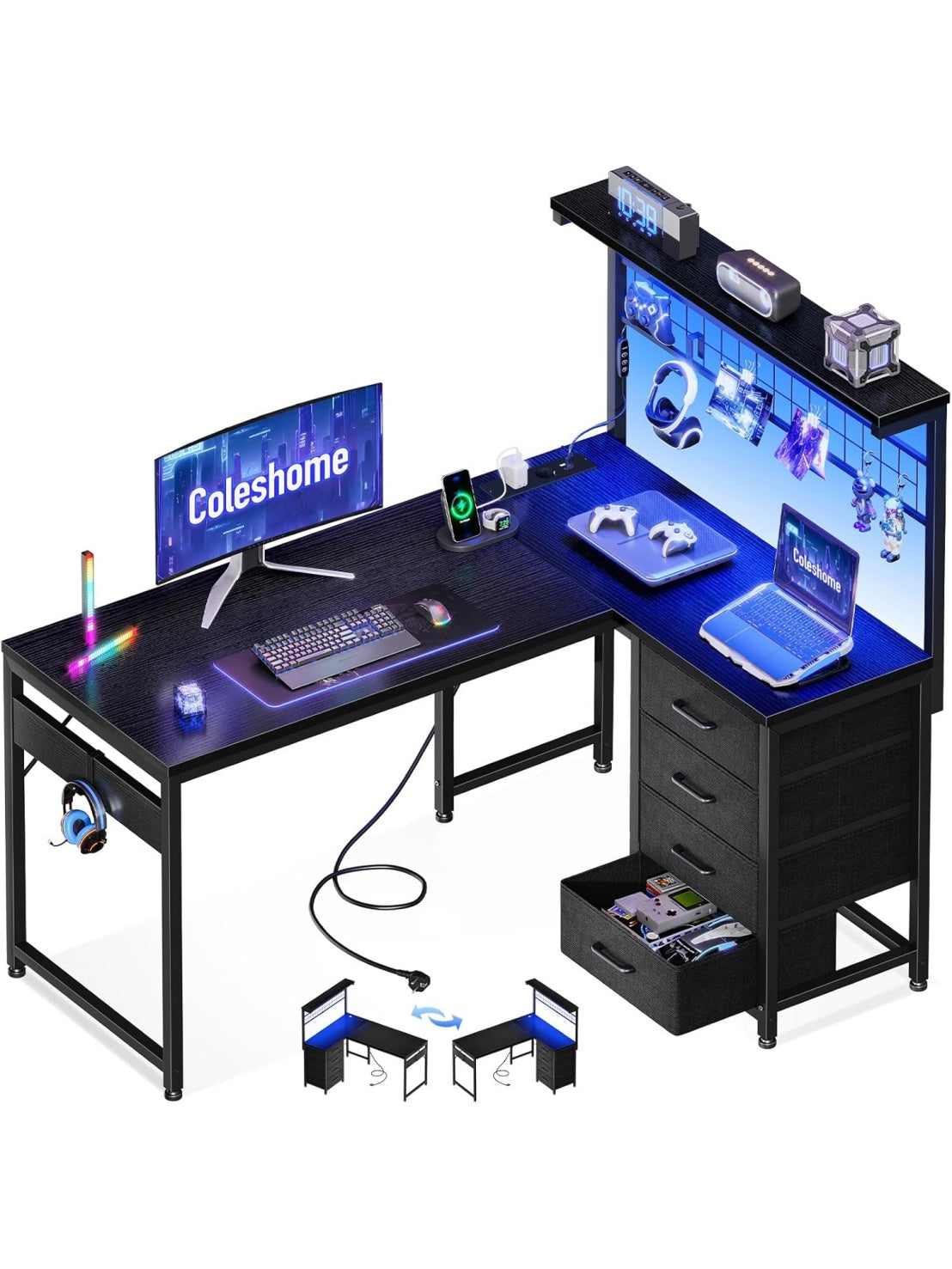 Mesa Gaming en Forma L con Cuatro Cajones, Iluminacion LED y Estanteria Integrada