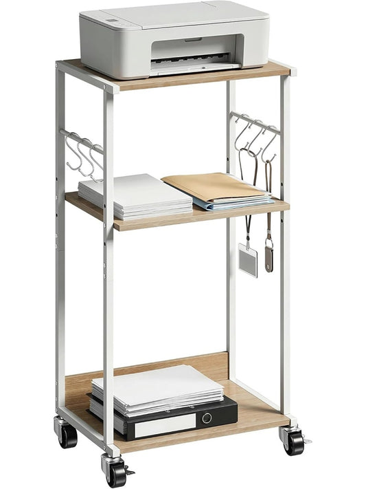 Estacion para Impresora con Tres Alturas Ruedas Ganchos Laterales y Estructura Metalica Madera Natural