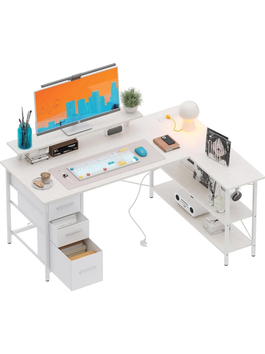 Escritorio Esquinero Reversible con Tres Cajones de Tela, Soporte para Monitor y Conexion USB
