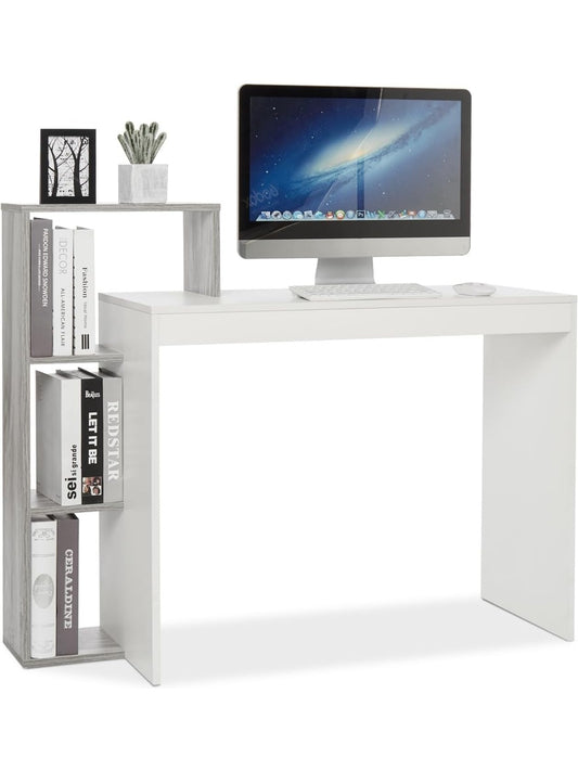 Escritorio Compacto con Estanteria de 3 Niveles para Oficina Estudio y Trabajo Blanco y Gris