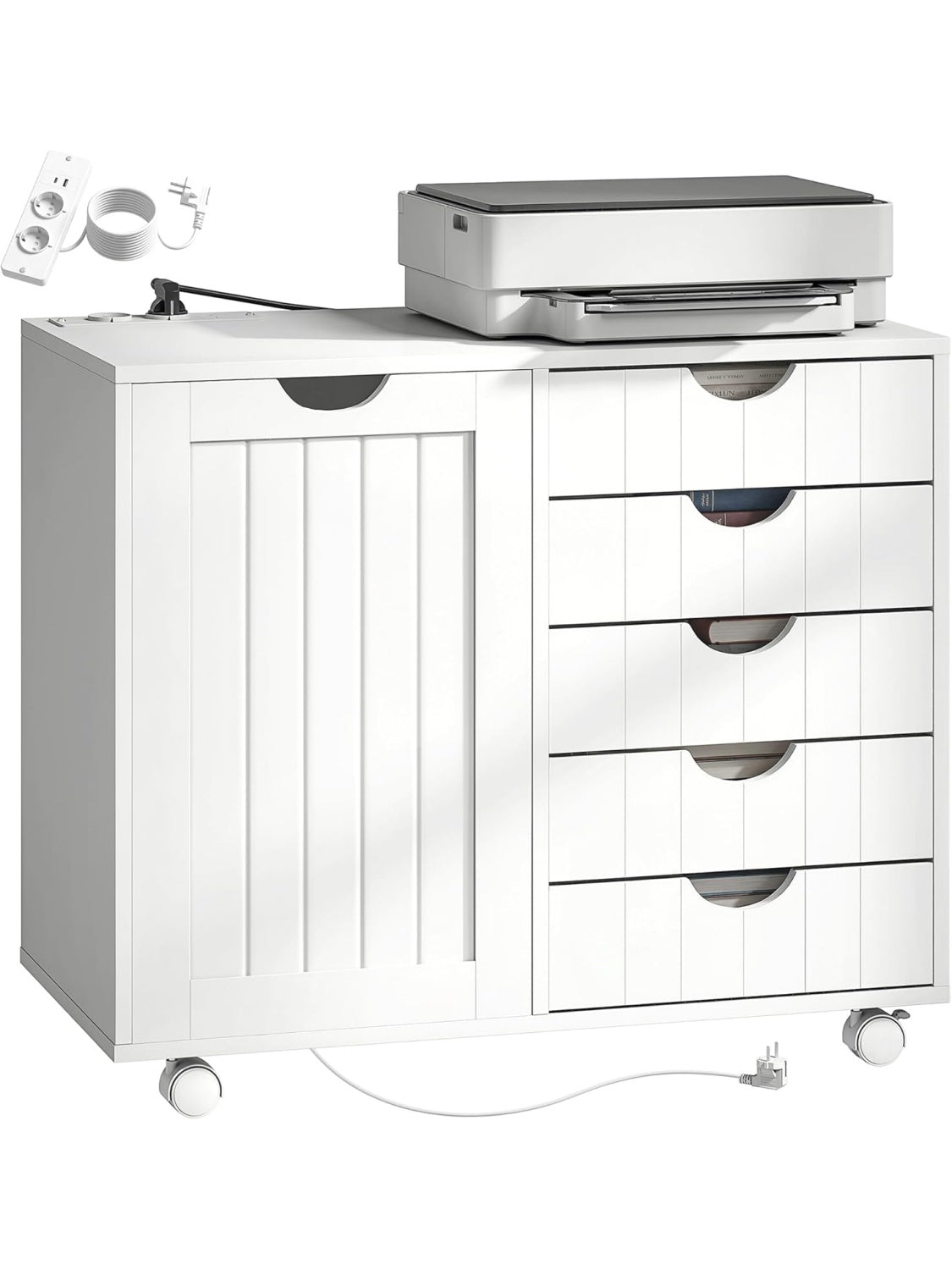 Soporte Multifuncional para Impresora con Cajones Ruedas Puertos USB y Estante Ajustable Blanco