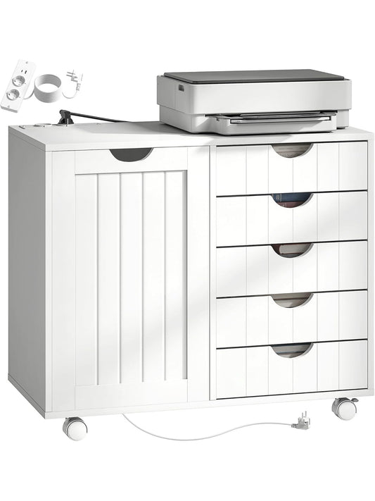 Soporte Multifuncional para Impresora con Cajones Ruedas Puertos USB y Estante Ajustable Blanco