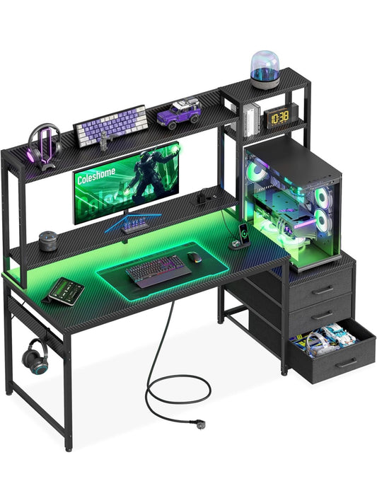 Escritorio Gaming con Estantes, Luz LED y Conexion Electrica para Ordenador