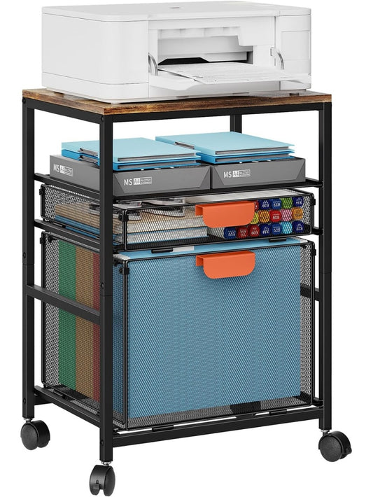 Carrito Organizador de Oficina con Ruedas Cajones de Almacenamiento y Estructura Mixta de Acero y Madera Estilo Rustico Marron