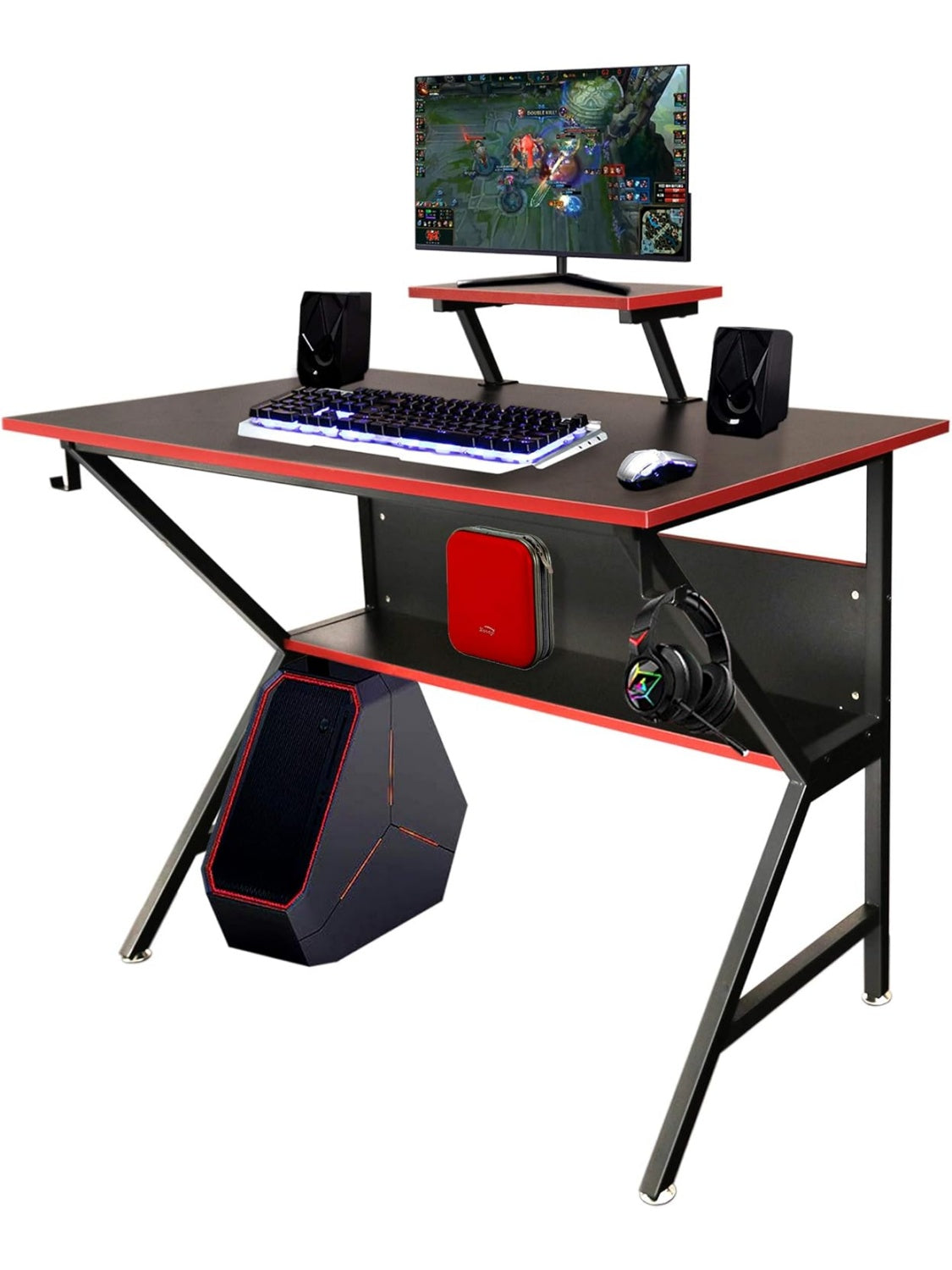 Escritorio Gaming en Forma de K con Plataforma Regulable para Monitor y Accesorios